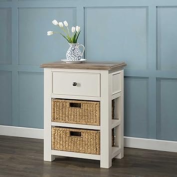 Portland Small Console 1 Drawer 2 Baskets Antique White Sundried