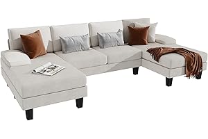 YESHOMY Convertible Sectional U-Shaped Couch with Soft Modern Cotton Chenille Fabric for Living Room, 6 Seats Oversized Sofas with Comfortable Backrest, Cream White