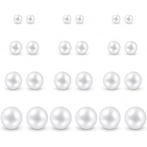 12 Pairs Simulated Pearl Stud Earrings Set for Women Men Beige White Black | 4 6 8 10 mm Faux Pearl Earrings Studs Pack, 316L