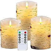3 Pack Birch Bark Flameless Candle Set, 4" 5" 6" Flickering Battery Operated Candles with Remote Control, Electric Candle with Timer, Dancing Flames Real Wax LED Pillar Candles for Home Decor Party