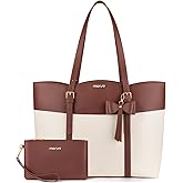 MOSISO Laptop Tote Bag for Women,15.6 inch PU Leather Arc-shaped Pocket Tote Bag&Clutch Purse,Large Capacity Work Handbag with Bowknot,Waterproof Computer Bags Work Briefcase for Business Office,Brown