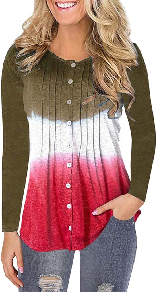 LONGDAY-Women Tops Long Sleeve Scoop Neck Shirt Casual Loose Tee Shirt Solid Swing Flowy Tunic Blouse Pleated Flare