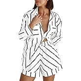 Aisongyuan Women's Striped 2 Piece Outfits Casual Button Down Shirts and Shorts Drawstring Pajamas Lounge Matching Sets