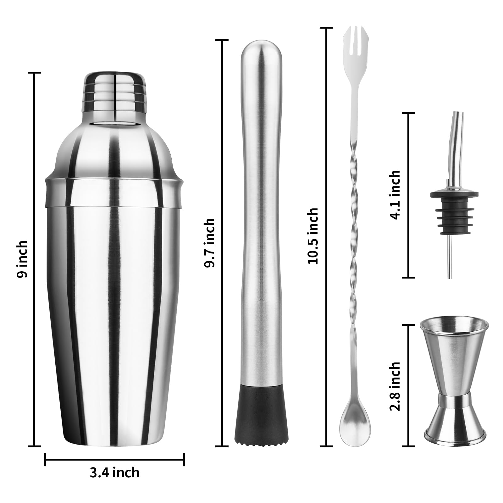 Ohtomber Cocktail Shaker Bartender Kit - 5PCS Cocktail Martini Shaker with Strainer, Muddler, Bar Spoon, Measuring Jigger for Bartending and Liquor Bottle Pourers, Drink Mixer Bar Tools - Image 2