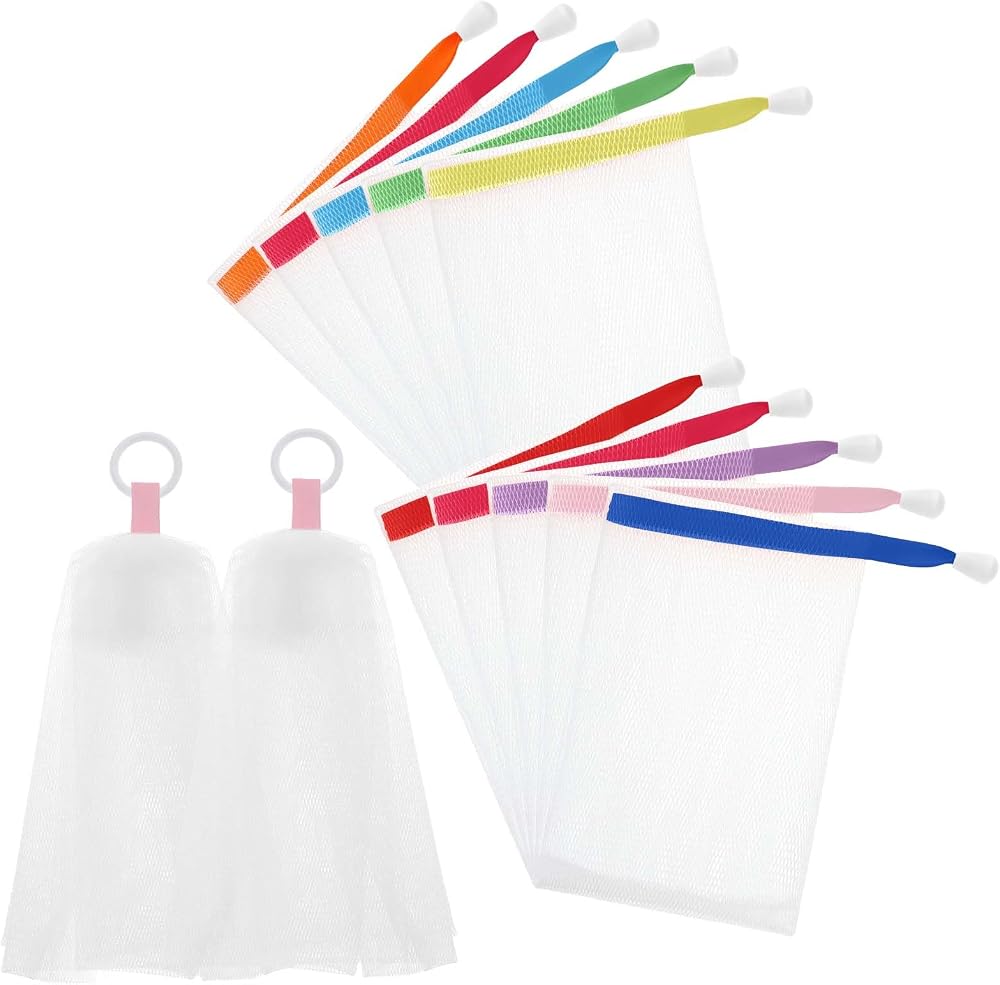 10 PCS Mesh Soap Bag with 2 PCS Foaming Net, Mesh Soap Pouch for Shower, Soap Bubble Exfoliating Soap Saver Net with Drawstri