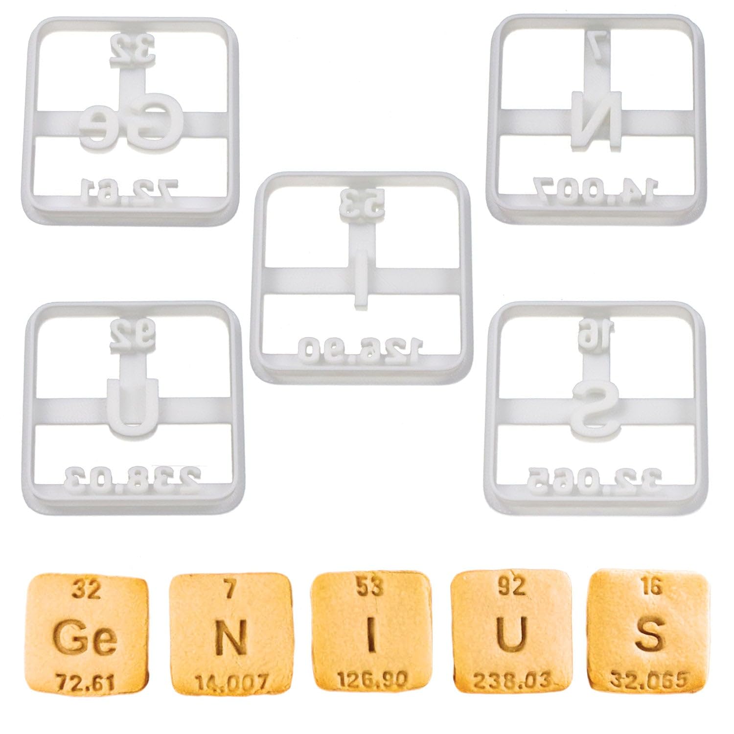 BAKERLOGY Set of 5 Periodic Table Elements Cookie Cutters: Ge,N,I,U,S - Detailed Biscuit Cutter Design for Baking and Crafts, Ideal on Fondant, Dough, Clay