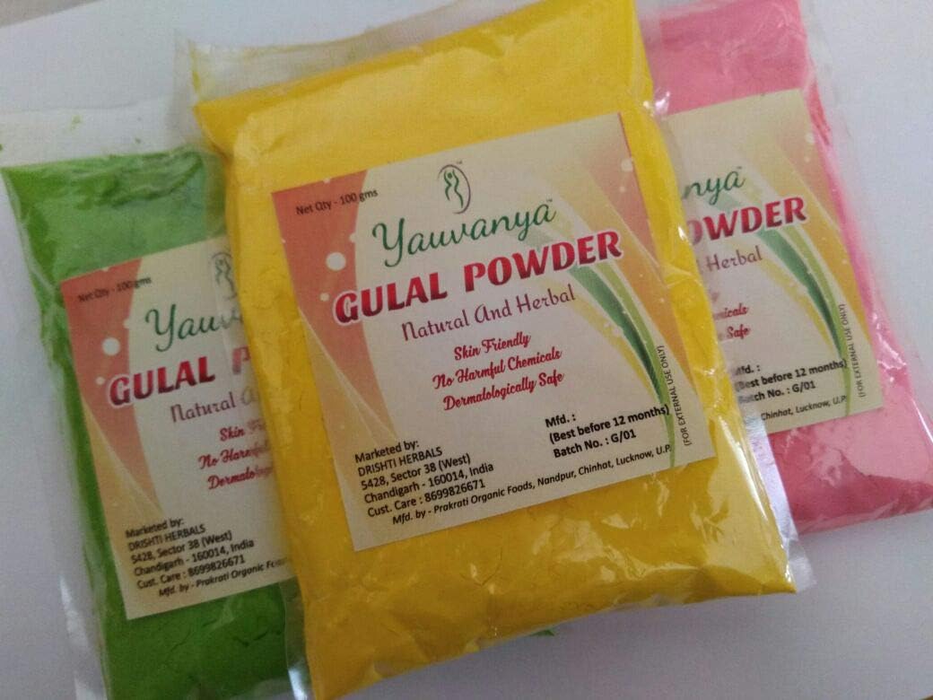 Yauvanya Herbal Holi Gulal (Colors) for Color Fest/Celebrations/Carnival/Runs/Gender Reveal Games/Photo Shoots/Parties/fundraisers - 100 GMS Each of 3 Assorted Colors