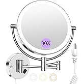Wall Mounted Makeup Mirror with Lights, 30X/1X Double-Sided Magnifying, Plug-in Lighted Vanity Mirror with 3 Color Modes, Dimmable Brightness, 360° Swivel Extendable Arm for Bathroom & Grooming
