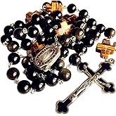elegantmedical HANDMADE Catholic BLACK 10MM Obsidian BEADS Lourdes Water medal ROSARY CROSS NECKLACE BOX Mens Womens gift