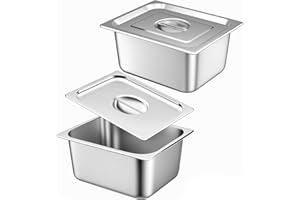 SHANDERBAR 2 Pack Hotel Pans with Lids, 1/2 Size x 6 Inch Deep Steam Table Pan, Commercial Stainless Steel Hotel Pan Restaurant Supplies Tray Square Steam Table Half Pans for Chafing Dishes, Buffet, Home, Party