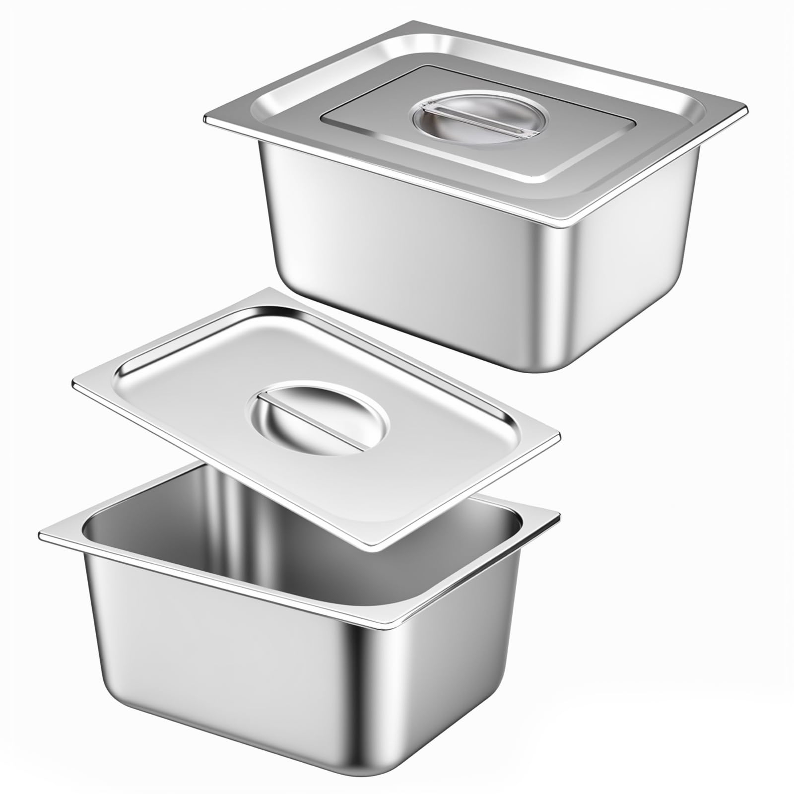 Photo 1 of 2 Pack Hotel Pans with Lids, 1/2 Size x 6 Inch Deep Steam Table Pan, Commercial Stainless Steel Hotel Pan Restaurant Supplies Tray Square Steam Table Half Pans for Chafing Dishes, Buffet, Home, Party