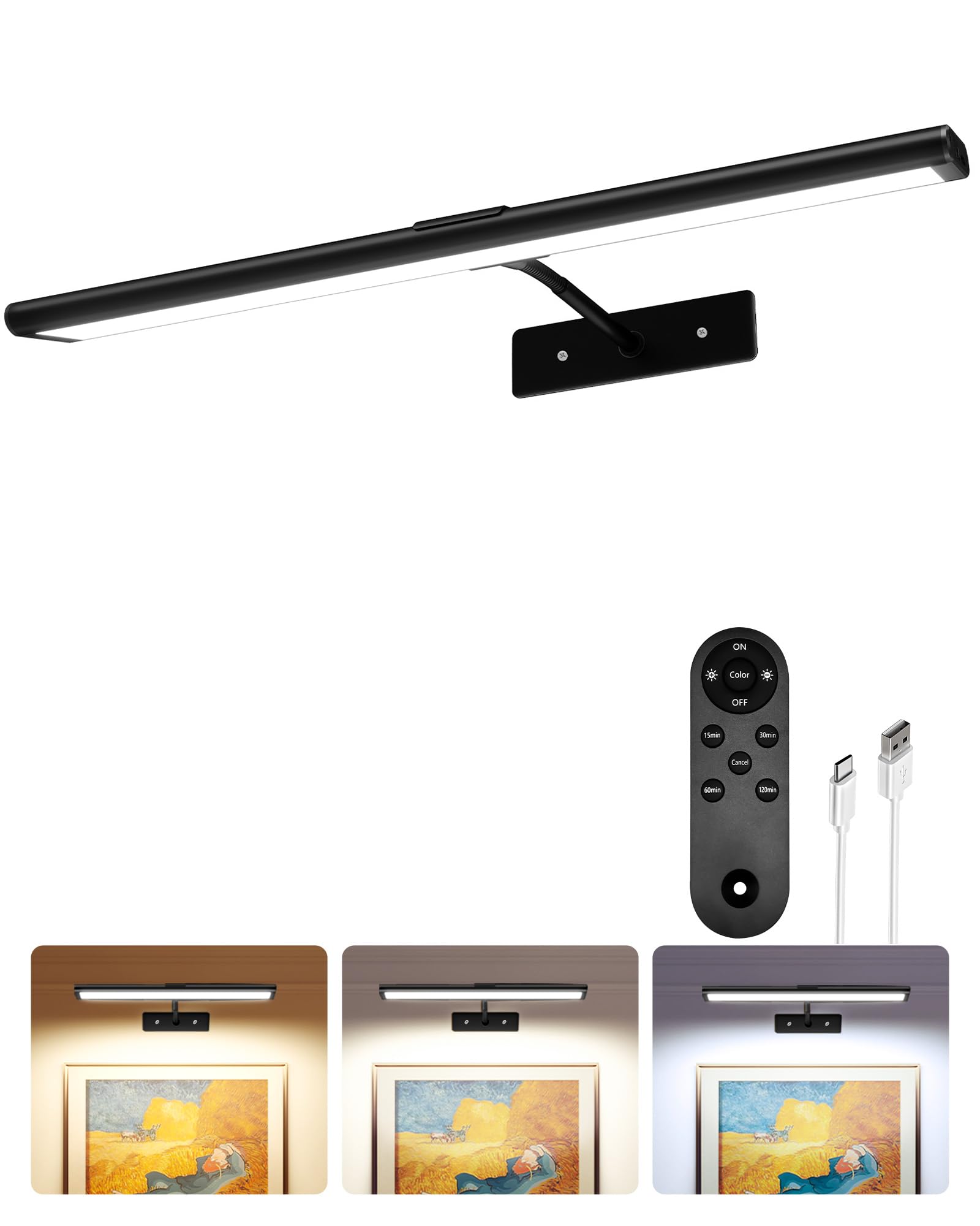 Photo 1 of EZVALO Picture Light for Wall, 4800mAh Rechargeable Wireless Remote Battery Lights for Painting, 16In Dimmable Magnetic LED Art Display Light, Colors Temperatures, for Gallery, Living Room,Hallway