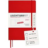 Leuchtturm1917 2027 Weekly Planner Dotted Medium (A5) with Notebook - Schedule Planner German, Cherry, January-December 2027, Weekly Overview on the Left + Note Page on the Right