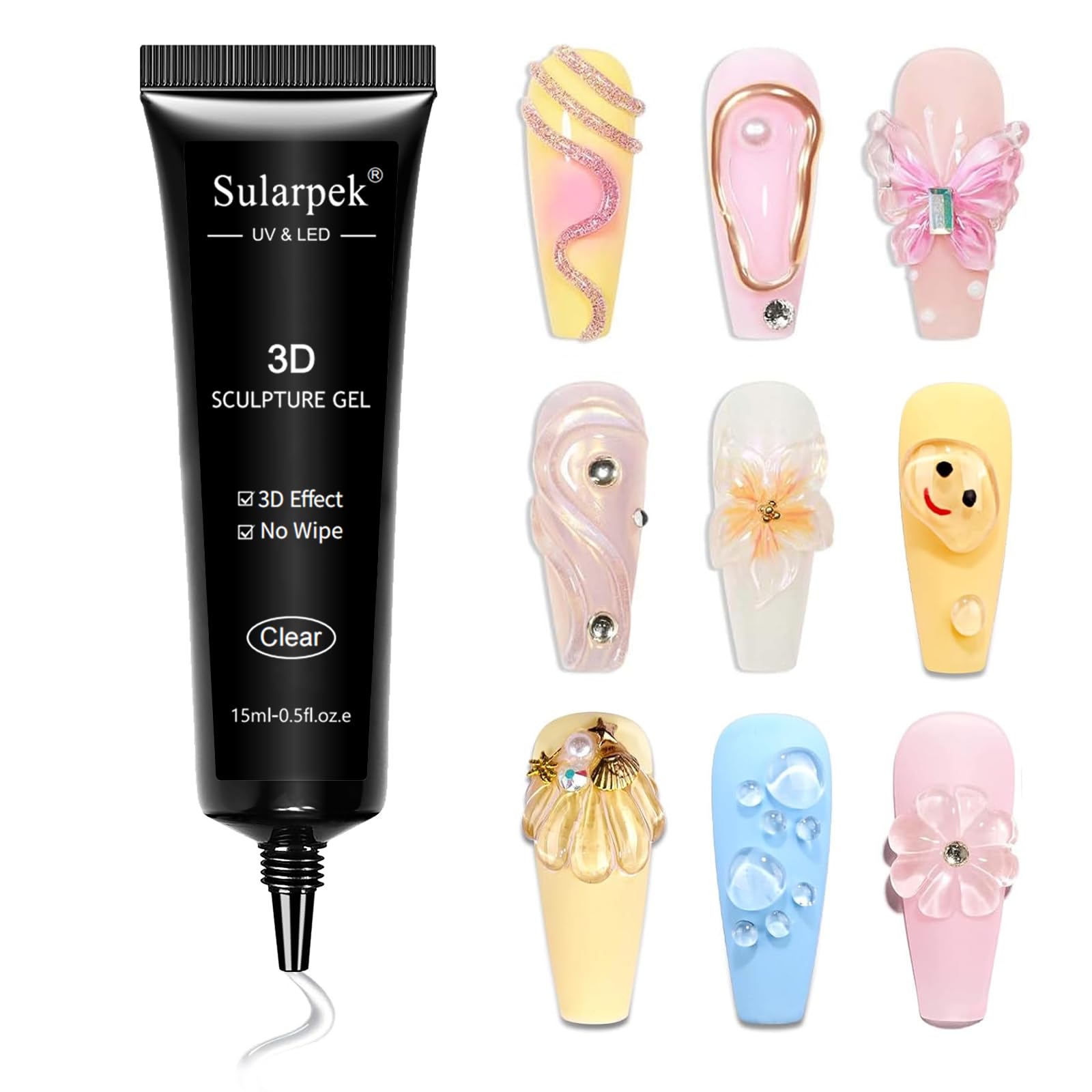 Sularpek 3D Sculpture Gel, 15ml Carving, Non Wipe Clear Sculpting Gel, 3D Nail Design DIY Painting Carved Molding Decoration Manicure