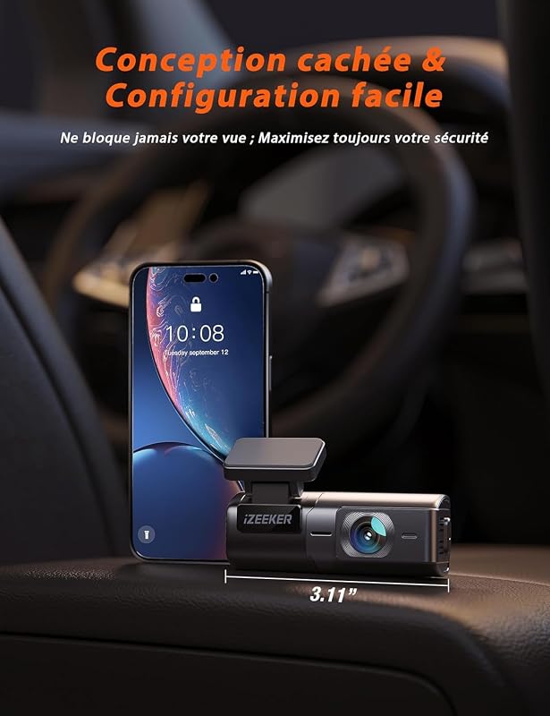 2.5K Dashcam Voiture, Camera Voiture 1440P WiFi, Mini Dash Cam Avant avec App Contrôle, Vision Nocturne, WDR, Capteur G, Enregistrement en Boucle, Mode Parking 24H