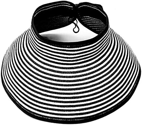 AStorePlus Woman Wide Brim Roll-up Straw Sun Visor Packable Summer Beach Hat Cap, Black Stripe