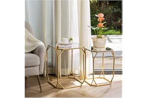 Glitzhome Modern Nesting Tables, Set of 2 Coffee Table with Tempered Glass Top, Side/End Tables for Living Room Bedroom, Accent Tea Tables with Metal Frame - Golden
