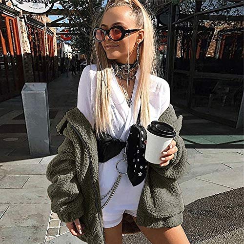 Sanyyanlsy Women's Daily Fashion Faux Fur Wool Coat Winter Ladies Lapel Zip Up Short Jacket Winter Parka Outerwear Tops Army Green
