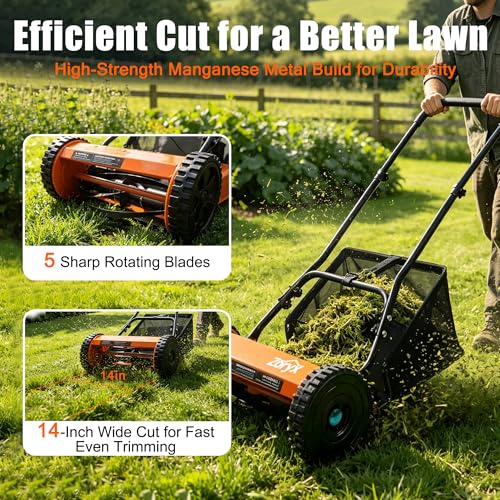 Zoryx 14-Inch 5-Blade Push Reel Lawn Mower, Manual Reel Walk Behind Mower photo 9