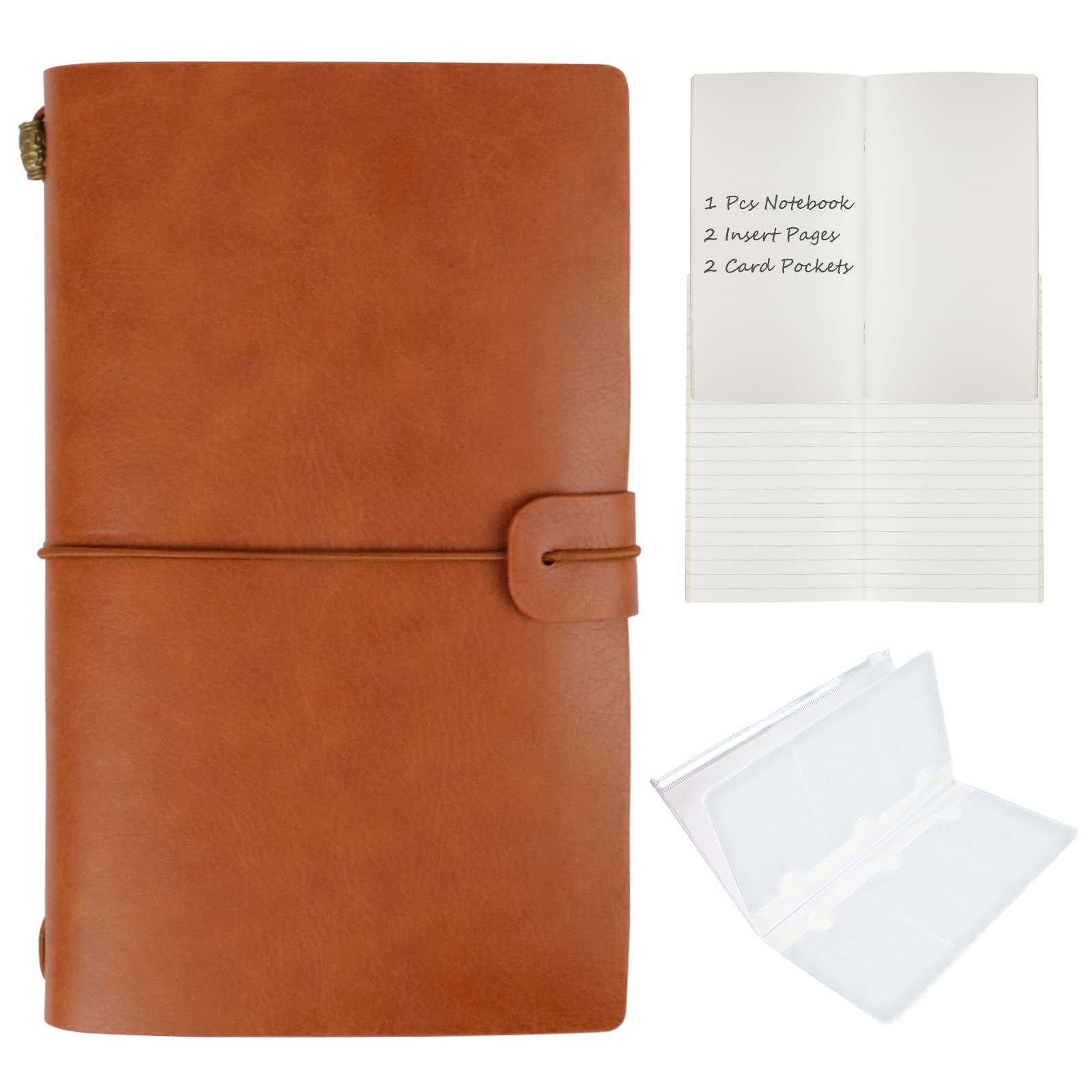 HMIEPRS Leather Vintage Notebook with Elastic Closure and Card Pockets, Refillable Travel Journal Diary, Handmade Leather Notepad 2 Kinds of Insert Book Gift for Writer, Poet, Traveler (Yellow-brown)