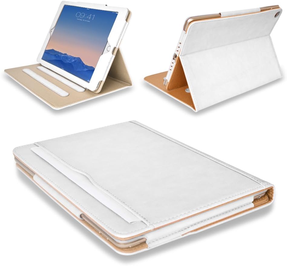 MOFREDยฎ White & Tan Apple iPad Air (Launched 2013) Leather Case-MOFREDยฎ- Executive Multi Function Leather Standby Case for Apple iPad Air with Built-in magnet for Sleep & Awake Feature + Screen Protector + Stylus Pen