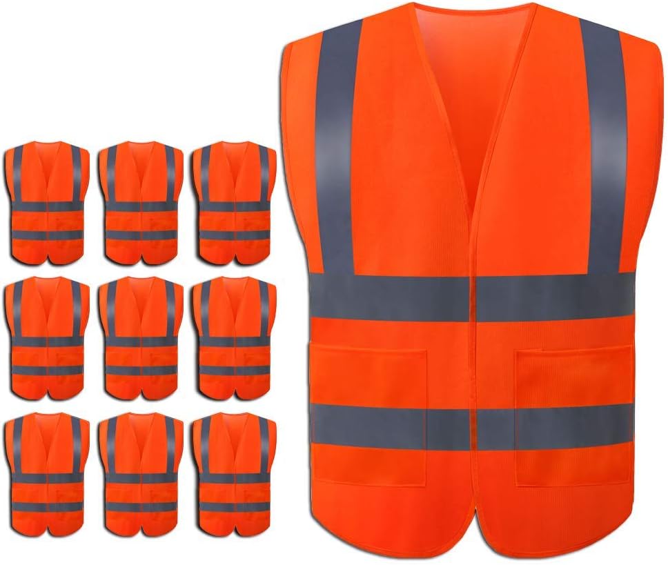JSungo High Visibility Orange Safety Vest 10 Pack, ANSI Class 2 Identification Security Vest with 4 Reflective Silver Strips, Velcro Construction Vest for Night Running, Jogging, Cycling Walking - - 