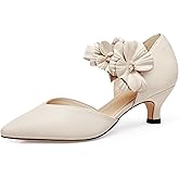 Coutgo Womens Low Kitten Heels Dressy Shoes Comfortable Closed Toe Flower Slip on Formal Party Dance Heeled Pumps