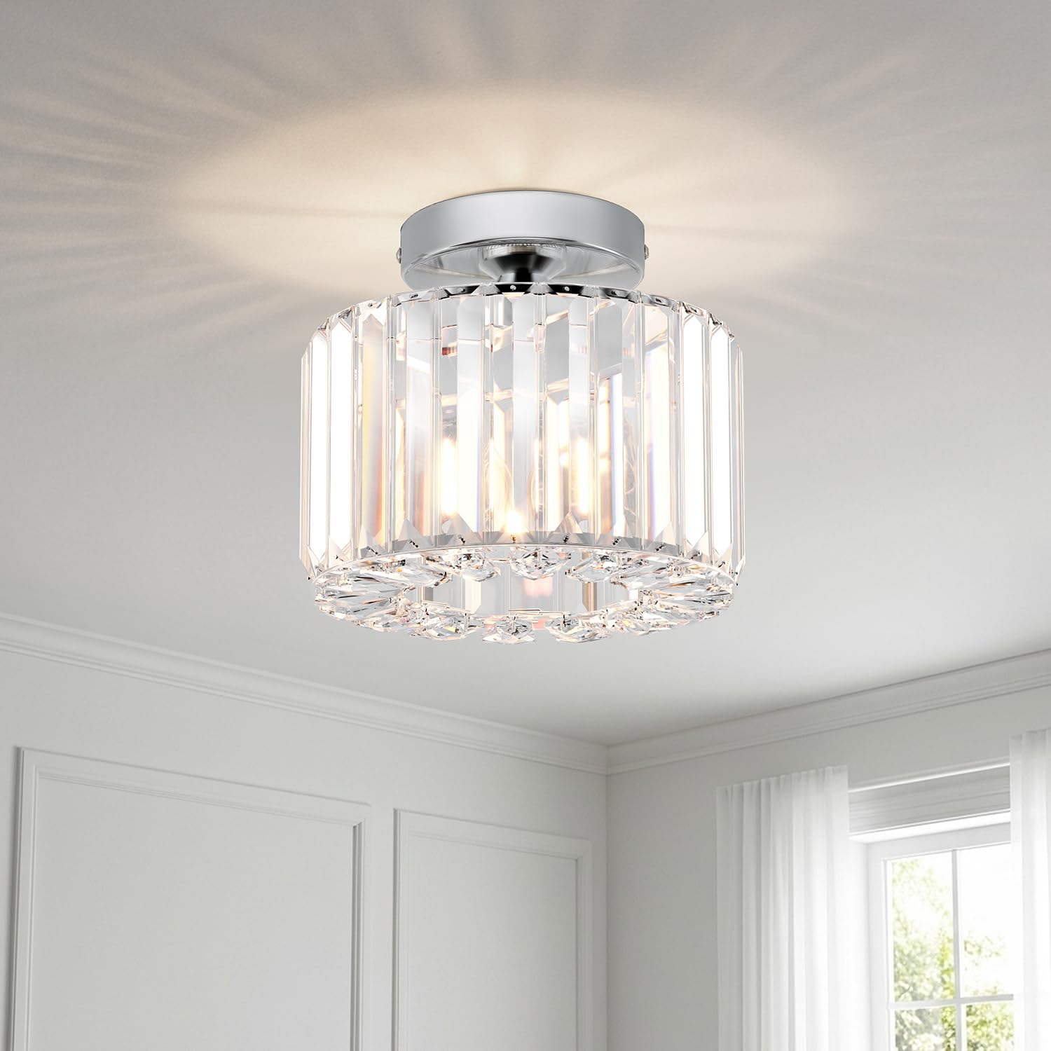 ANWIO Modern Crystal Ceiling Light, Chandeliers Ceiling,Semi Flush Light Fittings Ceilings,Hallway Ceiling Light for Bedroom Kitchen Bathroom,Silver Ceiling Light Shade(E27 Base,LAMP DIAM 21.5CM)