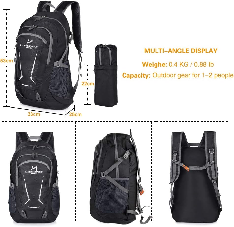 Loocower 45L Ultra Lightweight Foldable Backpack Hiking Daypack Walking Rucksack Water Resistant Packable Camping Mountaineer Outdoor Sport Knapsack for Men Women-Gary - Image 3