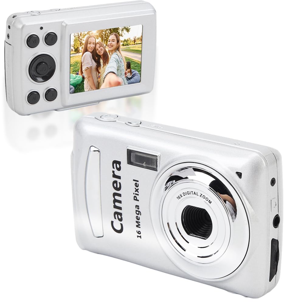 FHD 1080P Digital Camera Auto Focus, 2.4 16MP 16X Digital Zoom Portable Mini Camera, Anti-Shake Vlogging Selfie Cameras for Boys Girls Kids Teens (Silver Gray)