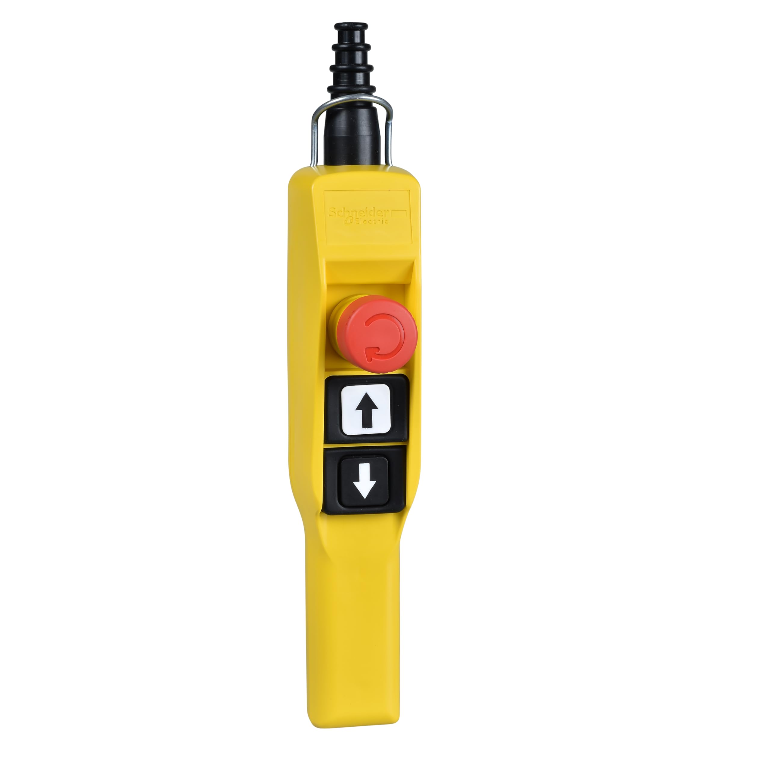 Schneider Electric Pendant control station, Harmony XAC, plastic, yellow, pistol grip, 2 booted push buttons with 1NO, 1 emergency stop NC