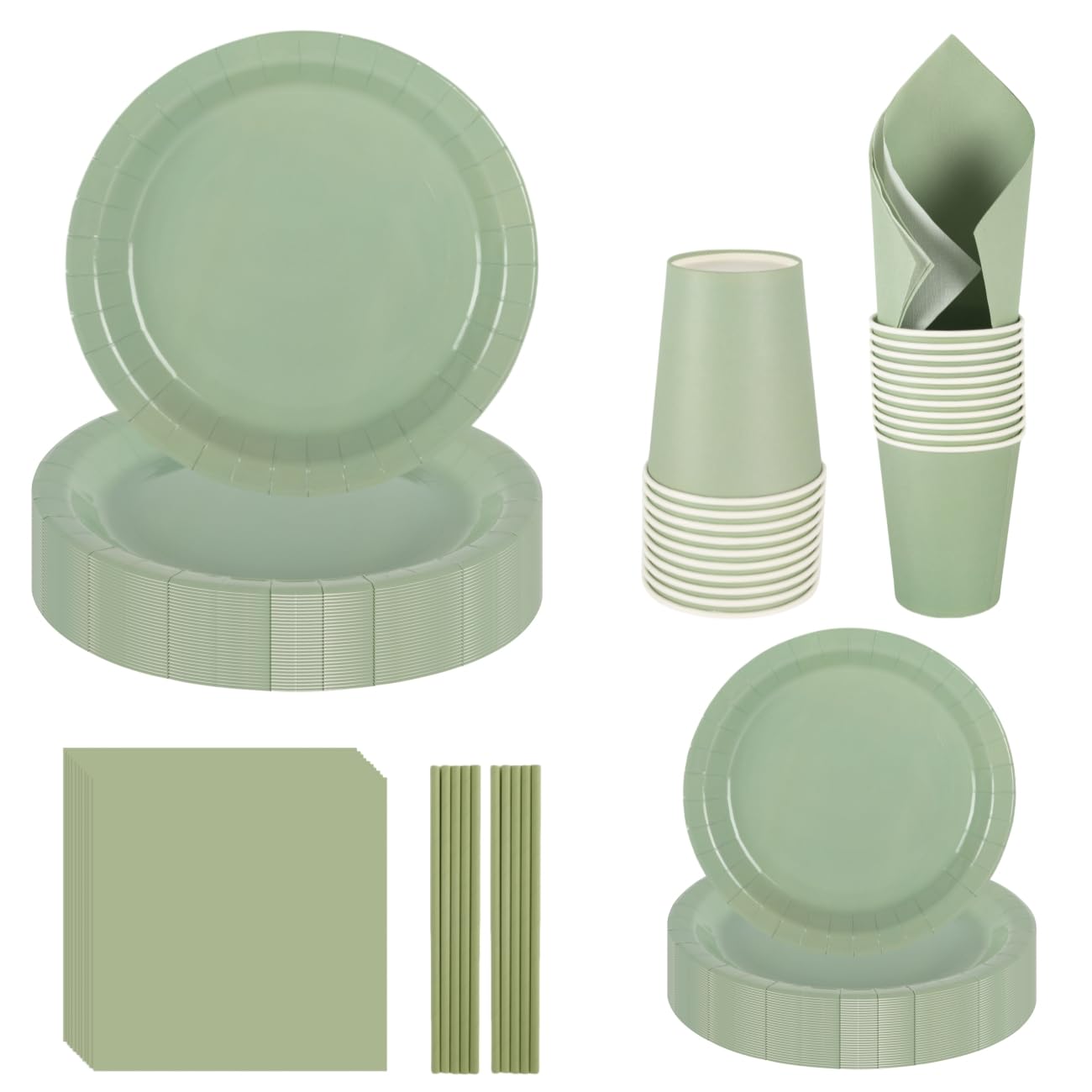CEILIWEN Sage Green Party Tableware Set - Paper Plates, Napkins, Cups, Straws - 250 PCS for 50 Guest, 9'' and 7'' Plates