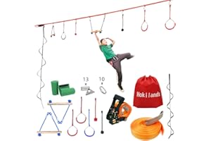 HOKILANDS 50 FT Jungle Gym Slackline Ninja Warrior Training Equipment for Kids Adult, Adjust Hanging Obstacles Course Kit - Climb Rope Ladder, Wood Bar, Ninja Rings, Fists, Backyard Playground Swing Monkey Bars