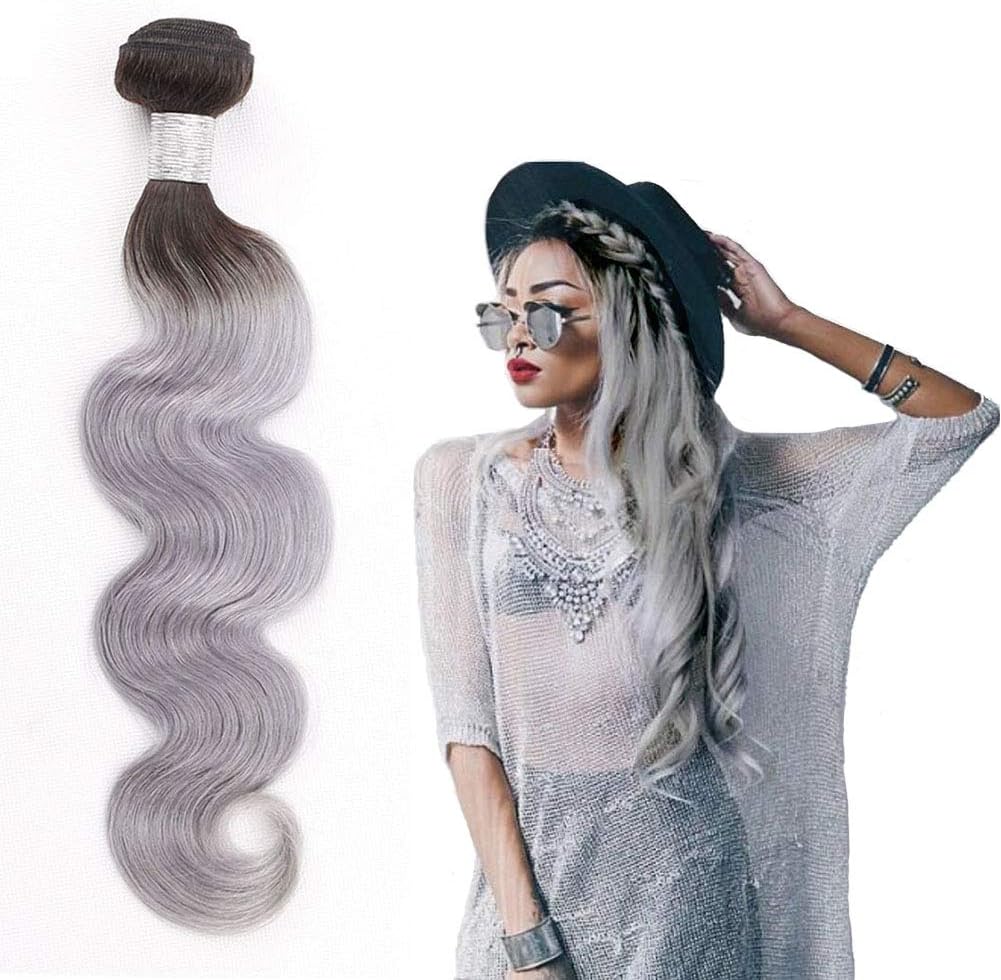 Ombre Human Hair Bundles Two Tone Hair Weave T1b/Grey Black To Sliver Grey Dark Root 100% Brazilian Virgin Remy Human Hair Extensions Double Weft Body Wave Single Bundle 100g Colored Hair（20 Inch）