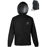 XEGRETS Men's backpack jacket Packable Waterproof Lightweight Raincoat Windbreaker Running Cycling Hiking Golf Travel BLACK