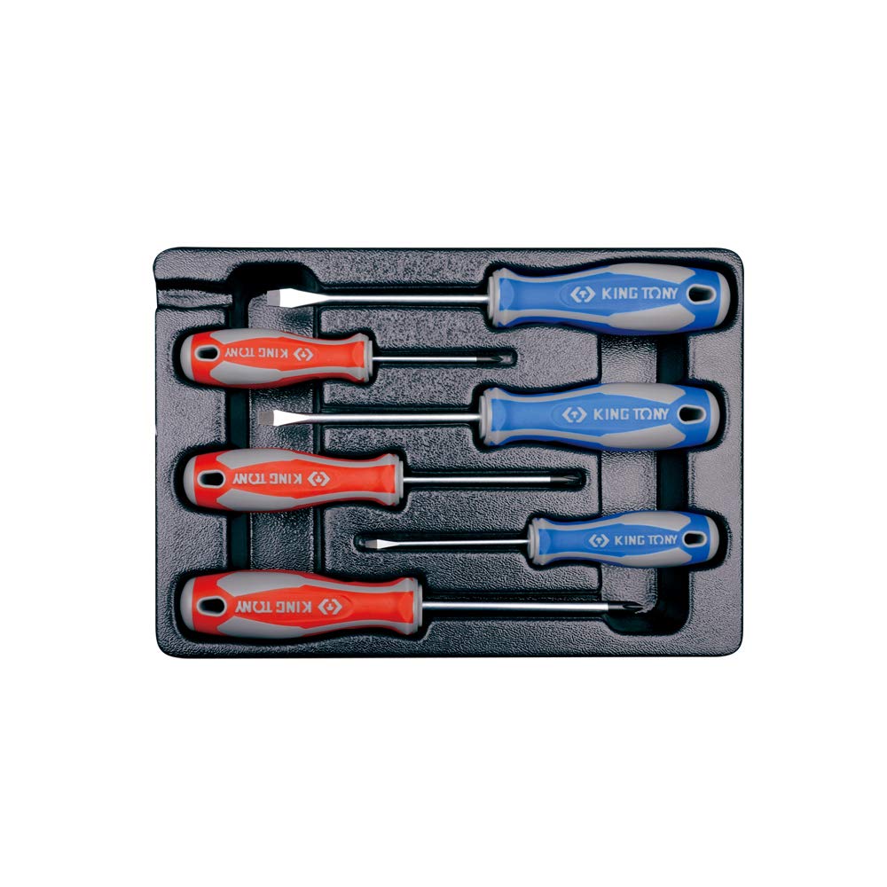 KING TONY 931106MR Termoformado De 6 Destornilladores Ph0x60-1x80-2x100 Planos 3x75-5.5X for DIYers & Professionals, Designed for Repair, Installation and Workshop tasks