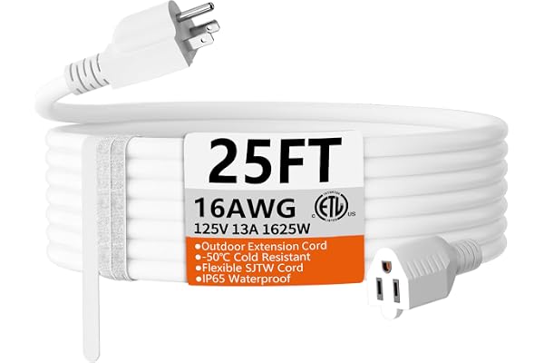 HUANCHAIN 25 FT 16 Gauge White Indoor Outdoor Extension Cord Waterproof, Flexible Cold Weather 3 Prong Electric Cord Outside,