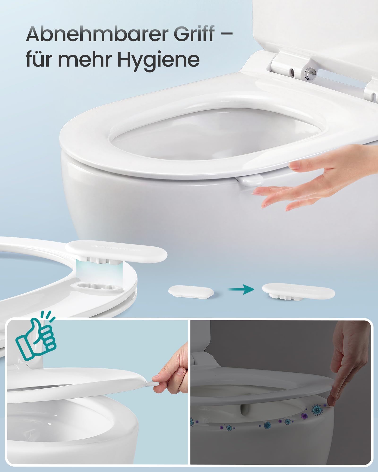 SONGMICS Toilettendeckel, lange D-Form, WC-Sitz mit Absenkautomatik, Toilettensitz schnell abnehmbar, Klodeckel einfache Montage, WC-Deckel Urea-Duroplast, bis 300 kg belastbar, weiß BTL102WZ01 3
