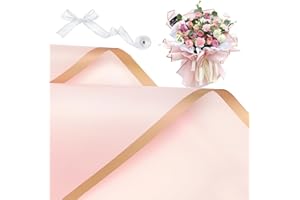 ZORRITA 20 Sheets Pink Flower Wrapping Paper, Waterproof Bouquet Wrapping Paper with Ribbons Floral Paper Wrap for Florist Supplies, 22.8 x 22.8 inch (Gold Edge)