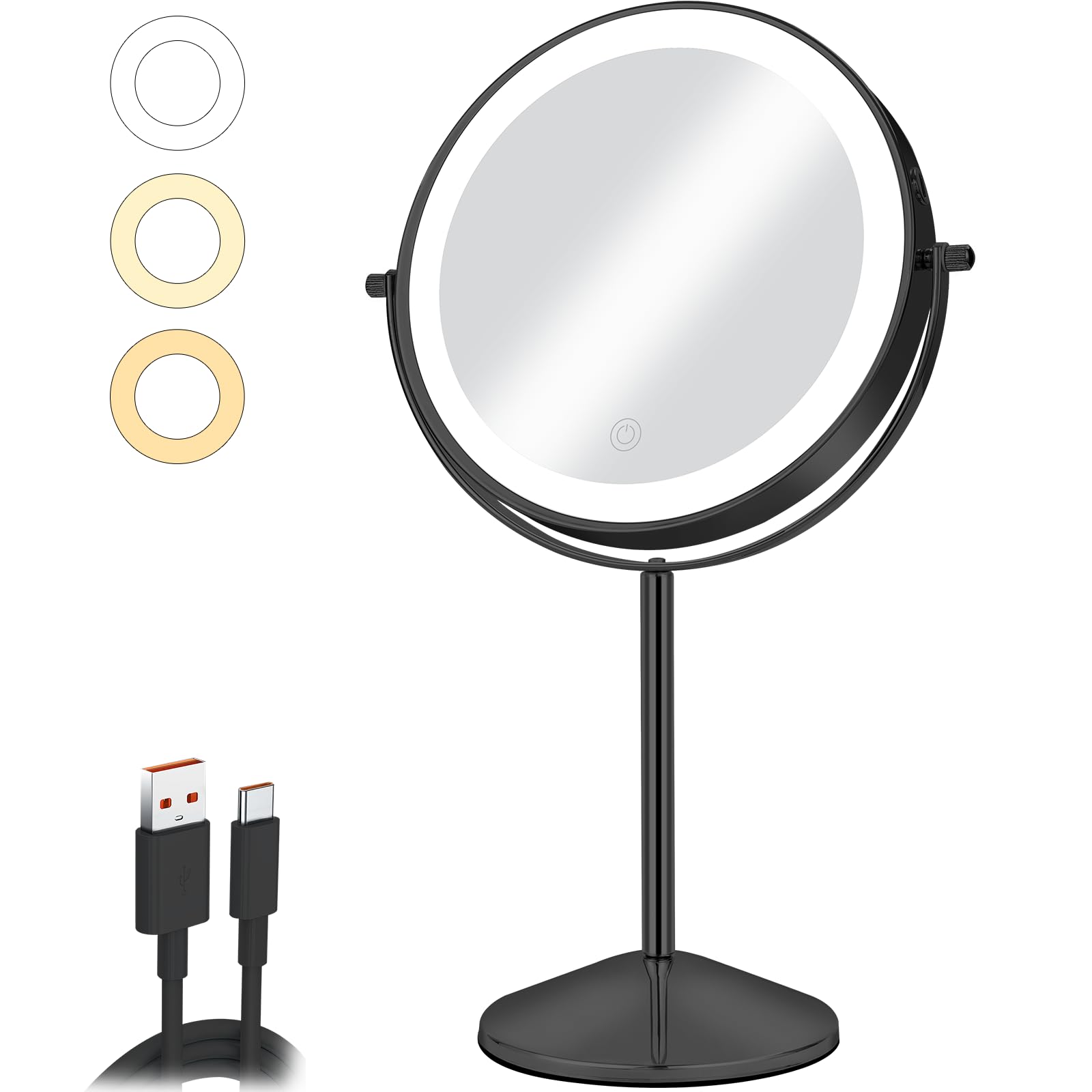 AumVum 8" Vanity Makeup Mirror with LED Lights, 1X/10X Magnification, Rechargeable, 3 Colour Dimmable Touch Control, 360 Rotation for Skincare & Dressing Table, Black