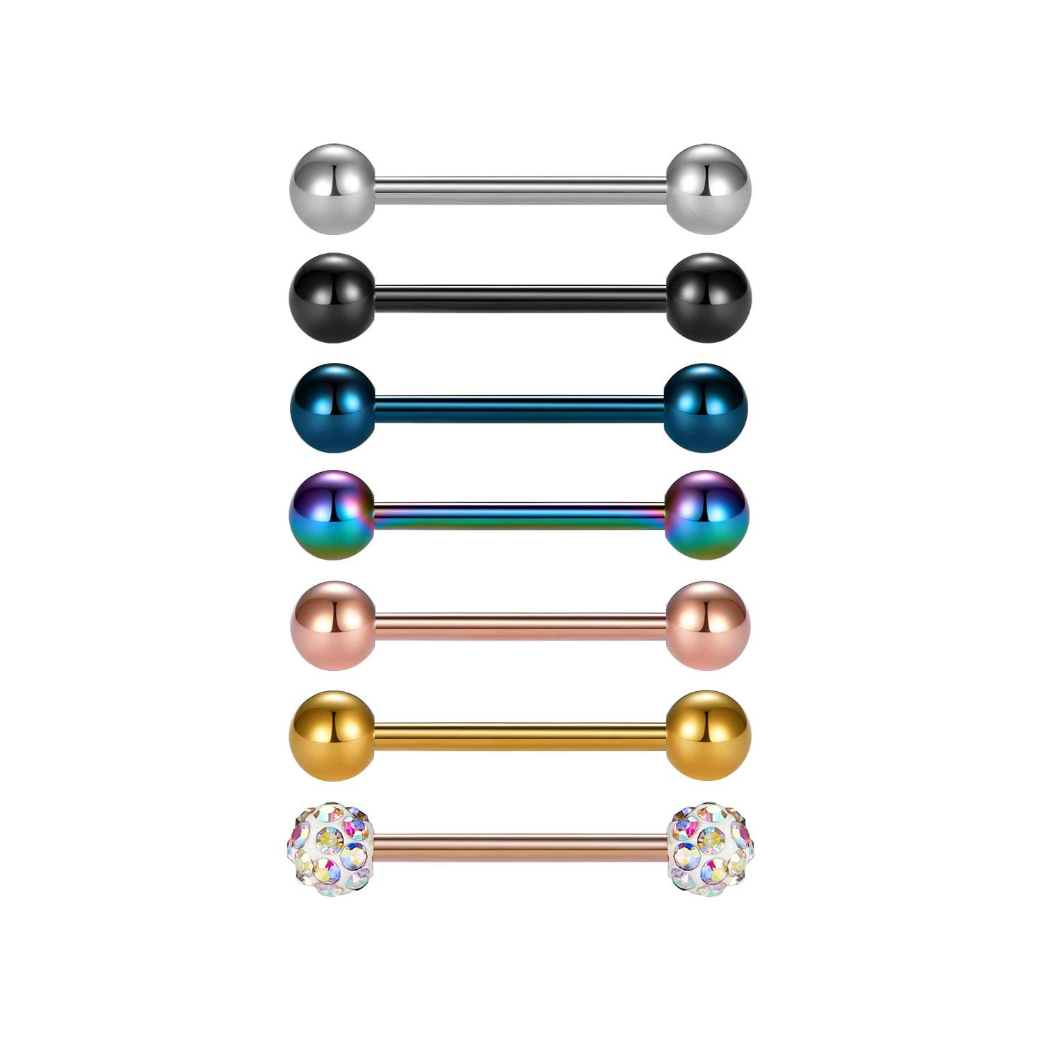 VCMART 7pcs Surgical Steel Tongue Bars Nipple Ring Piercing Barbell 14G
