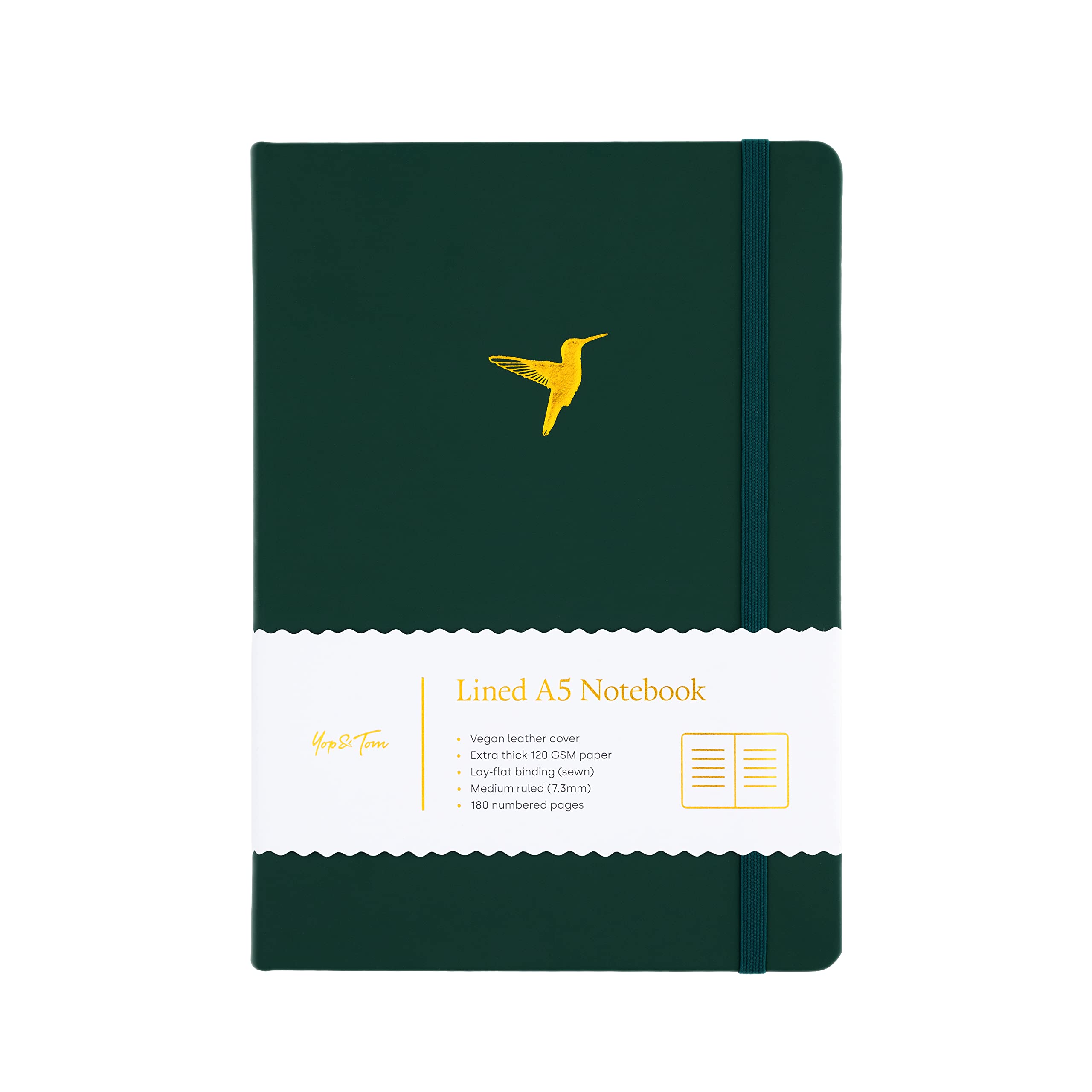 Yop & Tom Hummingbird Lined Journal - Notebook With Beautiful Faux Leather Cover and Extra Thick 120 GSM Paper - Forest Green