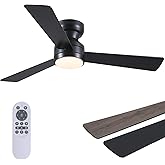 Asyko Ceiling Fans with Lights,46" Low Profile Ceiling Fan with Light and Remote Control,Flush Mount, Reversible, Dimmable, Noiseless, Black Ceiling Fan for Bedroom