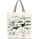 ZEDEV Undersea Animals Tote Bag, Cute Canvas Tote Bags Reusable Shoulder Bag for Beach Travel Work Shopping Gym, Beach Bags Handbag Birthday Gifts For Women Lady Teacher Friends -01