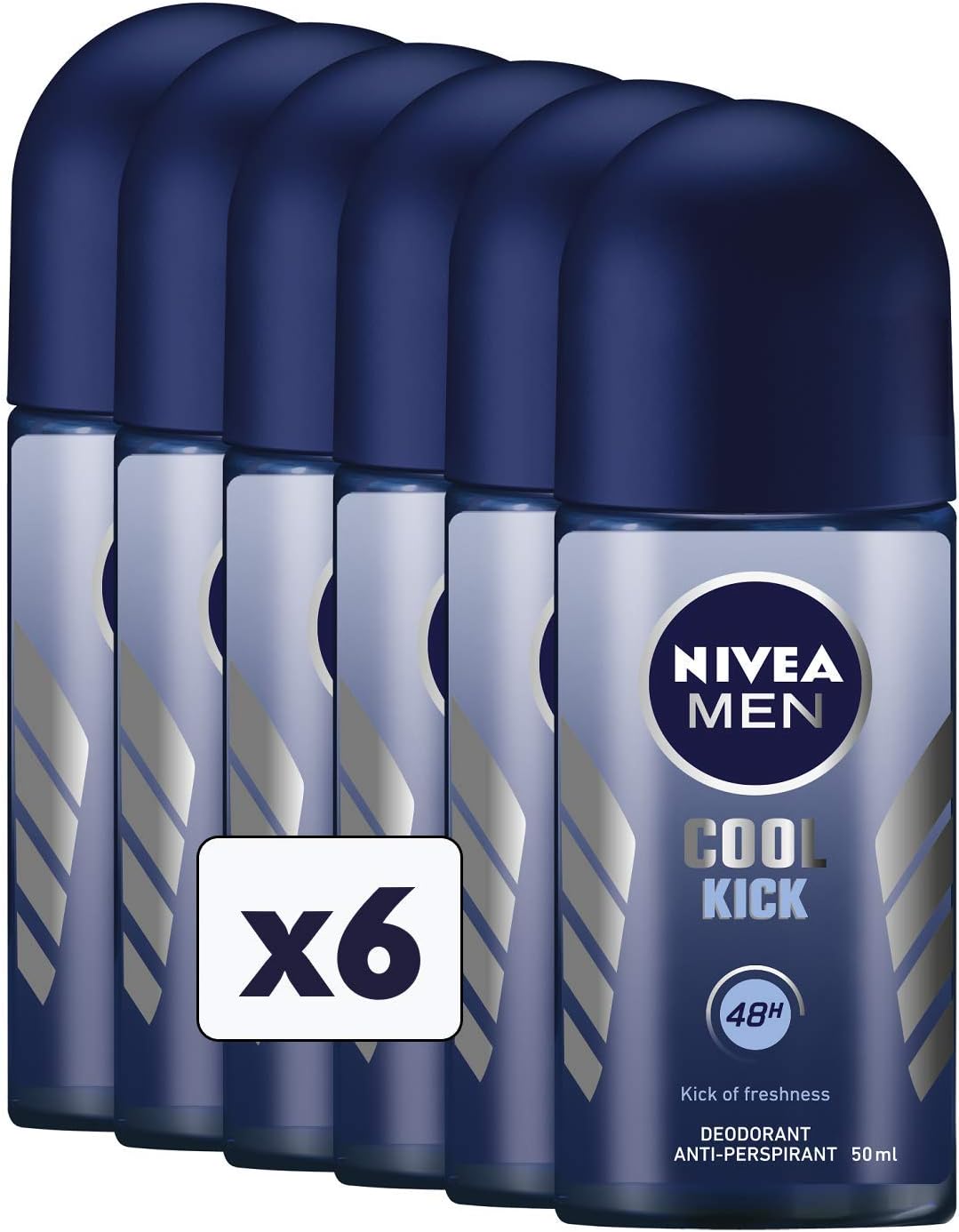NIVEA MEN Cool Kick Roll-on 6 x 50 ml, Men's Deodorant for Effective Protection 72h