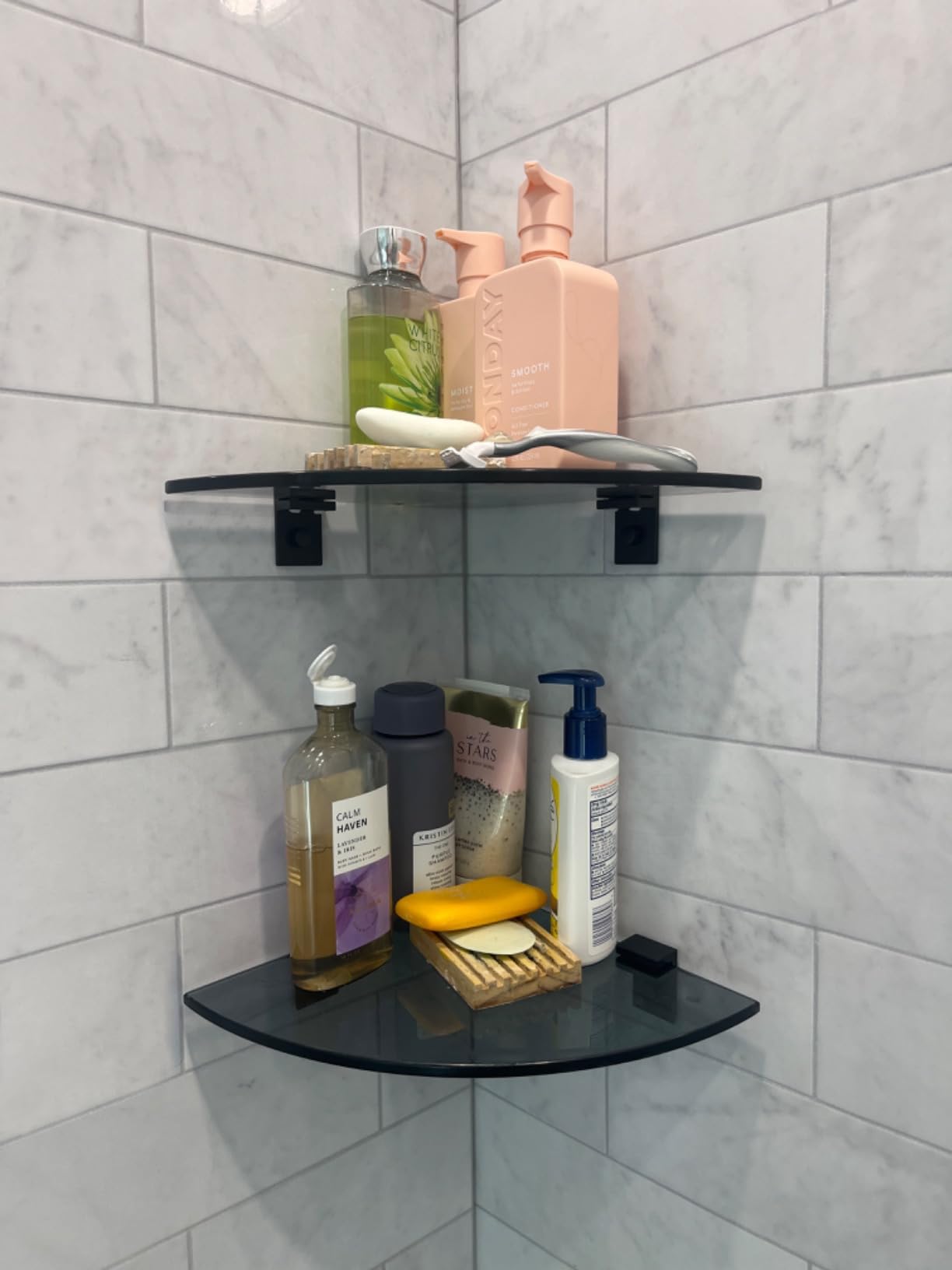 Photo 1 of Bakzon 2-Pack Glass Shelf Shower Caddie, Shower Shelves for Inside Shower, Drilling Free Adhesive Wall Mounted Bathroom Organizer Shelves with Aluminium Brackets, Black