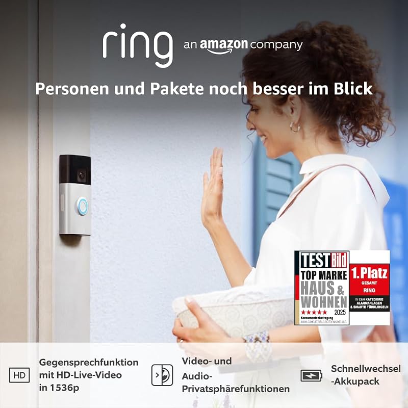 Akku-Videotürklingel Plus (Battery Doorbell Plus) | Videotürklingel mit 1536p HD-Kopf-bis-Fuß-Aufnahme, Selbstinstallation (5 Minuten) | Schnellwechsel-Akkupack I Privatsphäre-Einstellungen