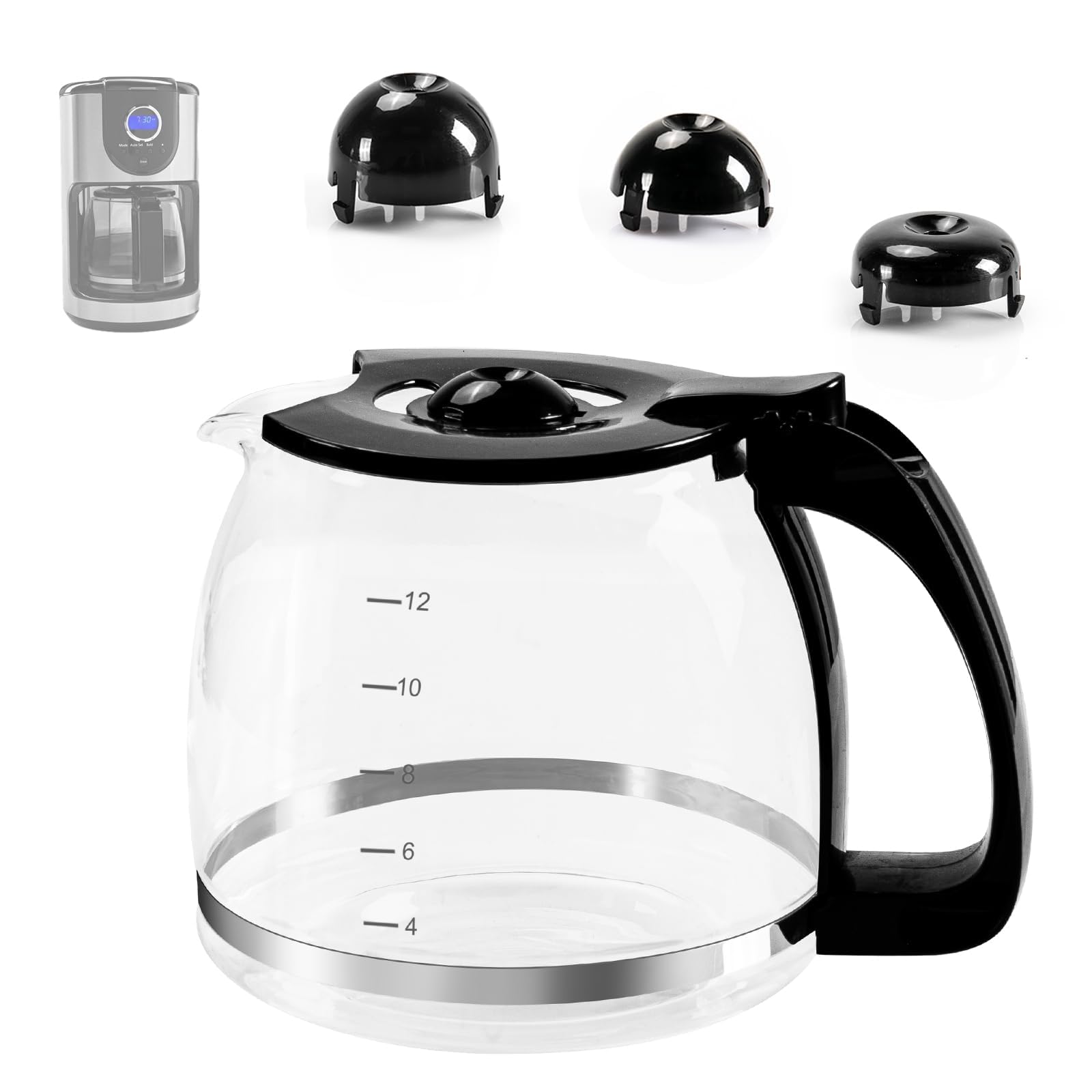 Photo 1 of 12-Cup Glass Universal Carafe Replacement Pot for Mr Coffee, Hamilton Beach, Krups, Proctor Silex, Coffee Maker Carafe Pot 12 Cup- 1.8L Coffee Maker Pot with Handle & 3 Snap-On Caps in Different Sizes
