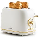 QUAXWELL 2 Slice Toaster,Wide Slot, Stainless Steel, Matte White and Gold | Retro Style, 7 Bread Shade Settings, Bagel, Cancel, and Defrost Functions, Removable Crumb Tray