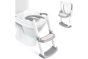 FOGEIN Potty Training Toilet Seat with Step Stool Ladder,Potty Training Toilet for Boys Girls, Adjustable Height - Foldable - Safety Handles-Non-Slip Silicone Pads with Splash Guard Toddlers Toilet Seat Grey